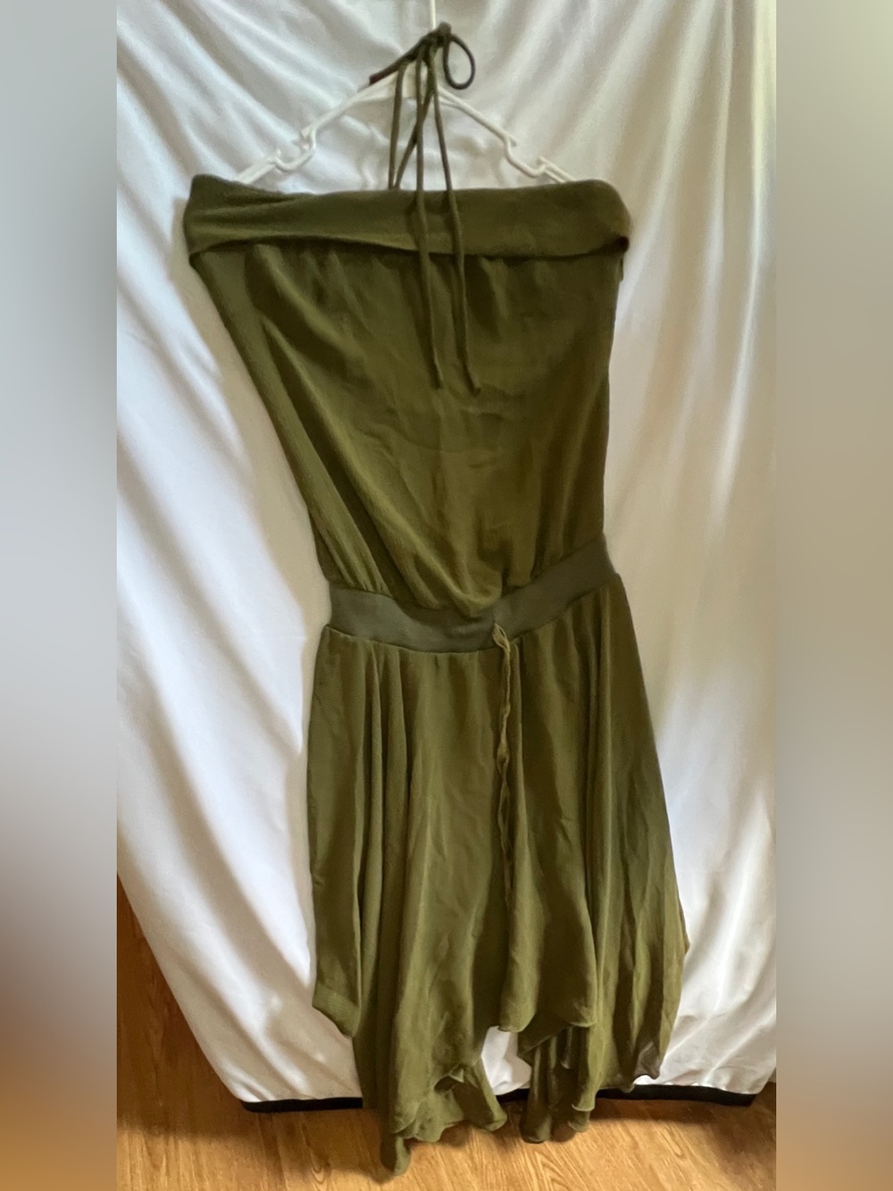 Olive Green Halter Midi Dress Asymmetrical Handkerchief Hem Flowy Summer